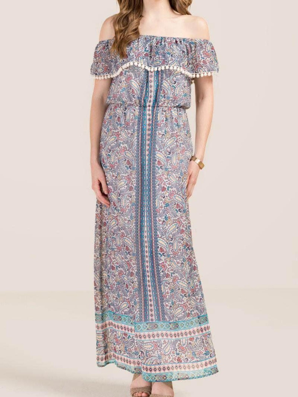 Francesca's Collections Off-Shoulder Paisley Maxi Dress in Blue and Teal